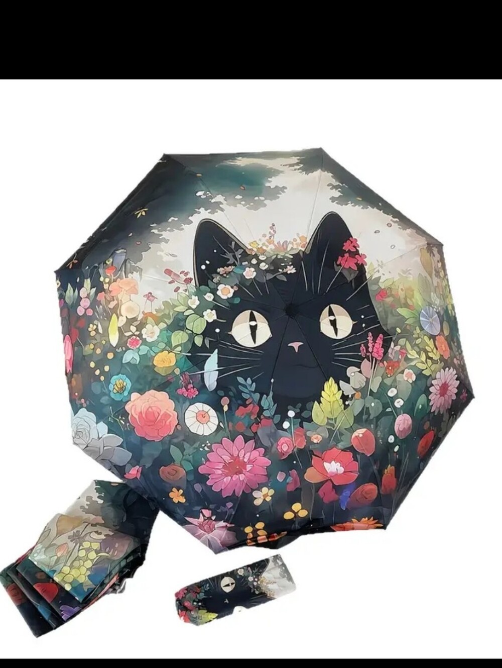 🆕️🐱 ANIME BLACK CAT FLORAL UMBRELLA - Compact Foldable Travel Umbrella🐱